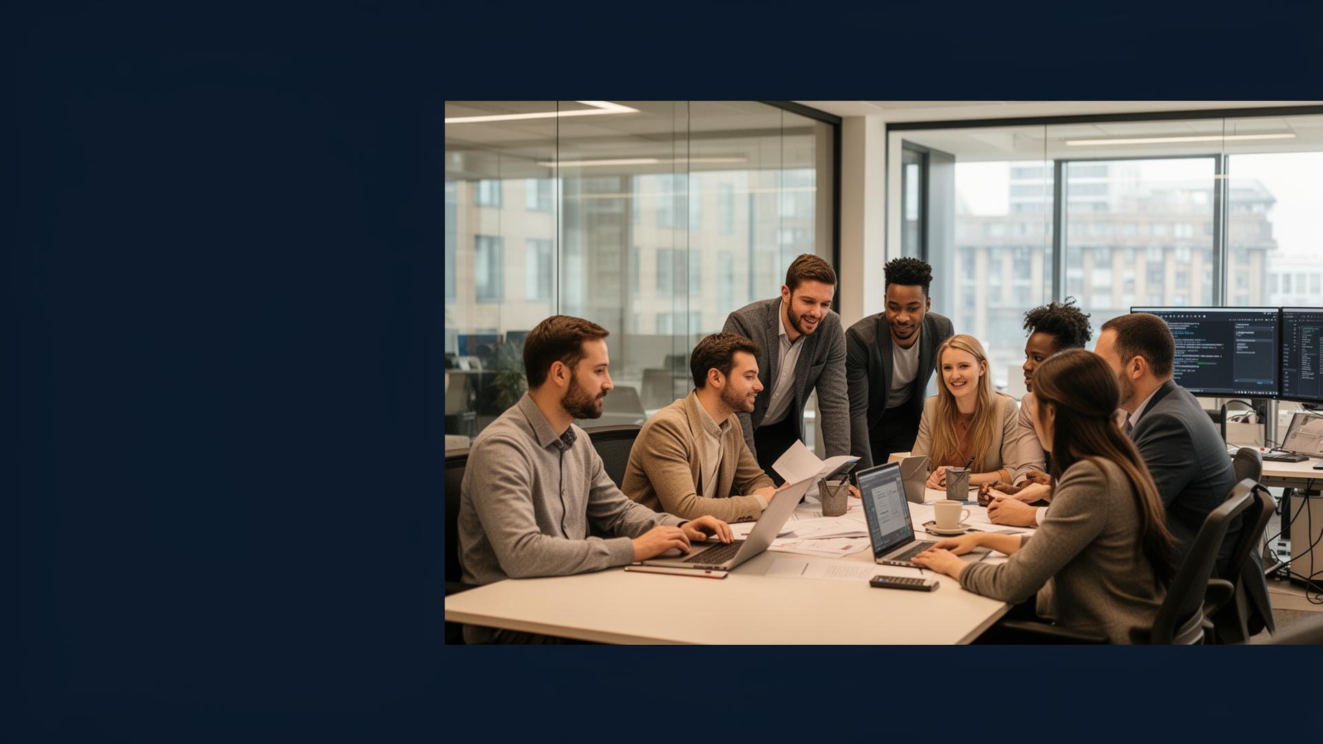 OJ Solutions colleagues collaborating in a modern office
